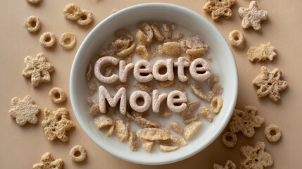 Inspiring breakfast food with cereal letters spelling Create More in milk bowl. top view creative concept for motivation on beige background