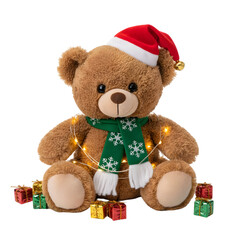 A fluffy brown teddy bear wearing a Santa hat and green snowflake scarf is wrapped in warm fairy lights surrounded by small colorful gift boxes on a transparent background