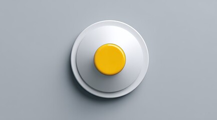 Top-down view of a bright yellow button, centered on a white circular plate, against a neutral gray background.  Modern, clean design
