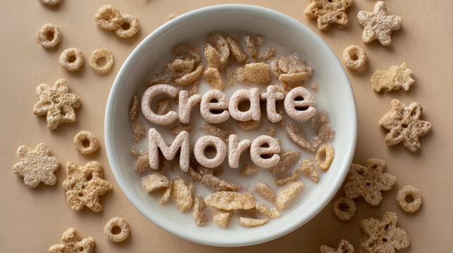 Inspiring breakfast food with cereal letters spelling Create More in milk bowl. top view creative concept for motivation on beige background