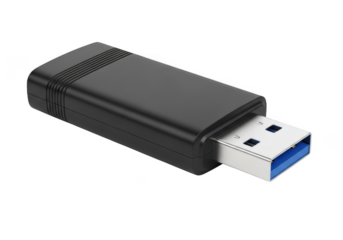 Closeup of a black usb flash drive with a blue usb 30 connector, isolated on transparent background
