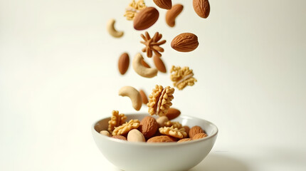 Dynamic action shot of mixed nuts (almonds, walnuts, cashews) falling mid-air into a white bowl.
