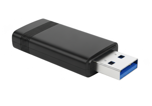 Closeup of a black usb flash drive with a blue usb 30 connector, isolated on transparent background - Powered by Adobe