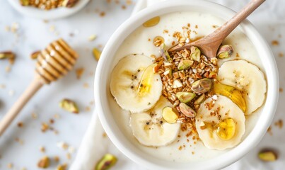 Banana yogurt bowl with granola and honey healthy breakfast food