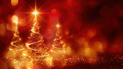 Glowing christmas tree sparkle with magic gold light on festive red holiday background. bright winter celebration with an abstract bokeh effect