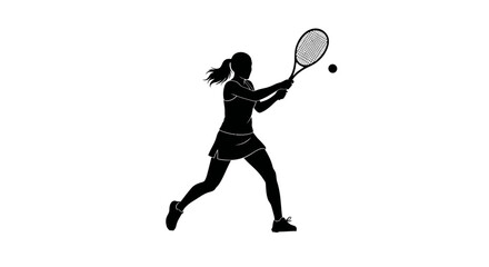 Dynamic female tennis player powerfully swings racket striking ball during intense match competition