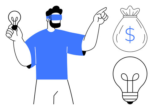 Man in VR headset holding a lightbulb, pointing toward a money sack. Ideal for innovation, technology, finance, virtual reality, creativity, entrepreneurship futuristic concepts. Minimalist flat