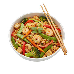 A Generous Bowl of Savory Fried Rice Loaded With Succulent Shrimp Crisp Snow Peas Vibrant Broccoli Red Bell Peppers Cubed Tofu Toasted Cashews and Fresh Cilantro Garnished With Sliced Green Onions