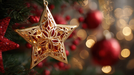 Festive gold star Christmas ornament decoration hanging on tree. Red bauble and warm holiday bokeh light in background create joyful mood