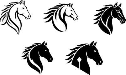 A versatile collection of elegant stylized horse head illustrations in black and white, depicting majestic equine profiles with flowing manes, ideal for emblems, logos, or graphic design projects