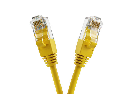 Two yellow ethernet network cables with rj45 connectors, isolated on transparent background