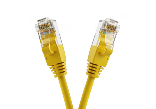 Two yellow ethernet network cables with rj45 connectors, isolated on transparent background