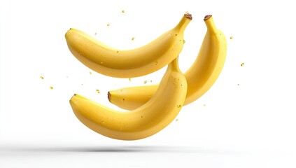 Three bananas in mid-air, glistening with liquid, against a white background