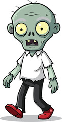 Funny cartoon zombie character with green skin, yellow eyes, torn clothes, and red shoes, walking with arms extended forward