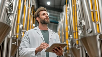 A man wearing a lab coat is examining statistics on beer production while strolling among stainless steel fermentation tanks while carrying a computer tablet.