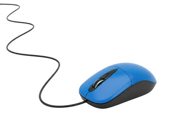 A blue computer mouse with a black cord, isolated on transparent background