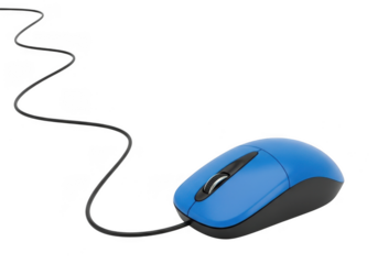A blue computer mouse with a black cord, isolated on transparent background