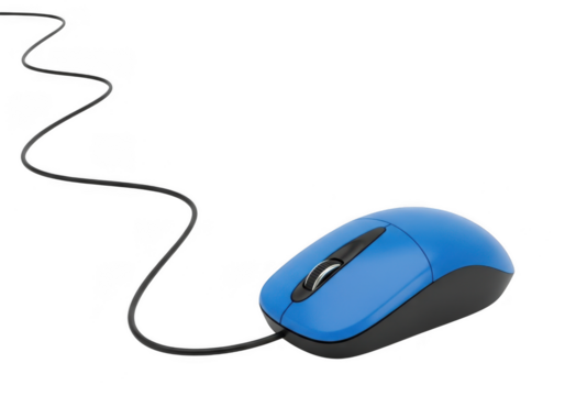 A blue computer mouse with a black cord, isolated on transparent background