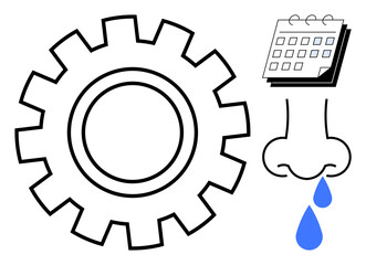 Gear indicating productivity, calendar for scheduling, nose with droplets symbolizing health issues or allergies. Ideal for productivity, wellness, work-life balance, time management, healthcare