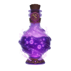A Glowing Purple Potion In A Detailed Glass Bottle With A Cork Stopper And Ornate Base Surrounded By Wisps Of Purple Energy And Bubbles Isolated On A Transparent Background