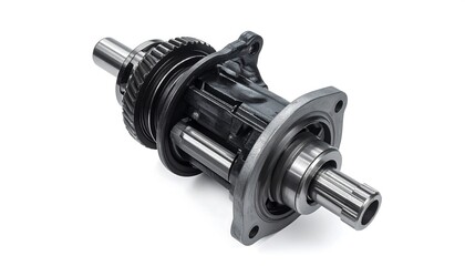 A mechanical assembly, a gear-driven mechanism, sits isolated against a plain white background, its metallic components showing wear