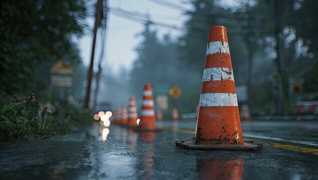 Wet road, orange cones, and misty forest