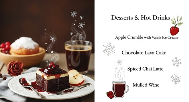 A winter menu featuring a dark chocolate dessert with sauce, coffee, and magical snowflakes, next to a text list of desserts and hot drinks.