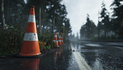 Wet road, lined with orange traffic cones, in a foggy forest