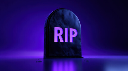 Spooky purple tombstone with glowing RIP icon for Halloween. dark grave concept in cemetery representing death and somber mood