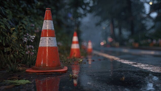 Wet road at dusk, traffic cones