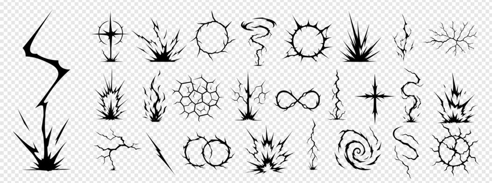 Manga thunder effect set of comic bolt lightning vector silhouettes. Manga thunder pack forms crack circles, spiral bg, storm burst and attack ray. Isolated icons for game, vfx or cartoon.