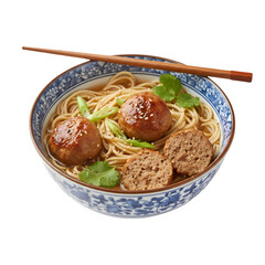 A hearty bowl of ramen noodles with succulent meatballs garnished with sesame seeds and fresh herbs in a decorative blue and white ceramic bowl with wooden chopsticks on a transparent background