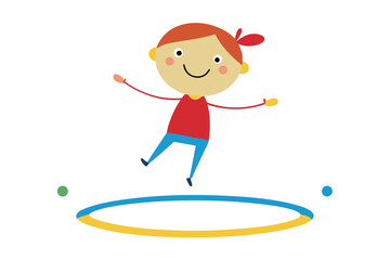 Happy cartoon child jumping on a trampoline