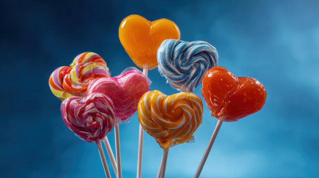 Romantic arrangement of colorful heart shape lollipops. Sweet candy treats for Valentine Day celebration against blue background, very joyful