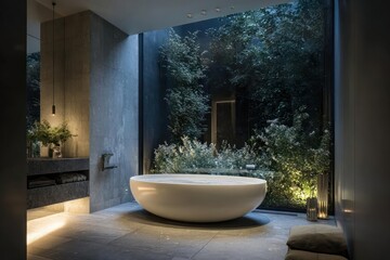 Luxurious modern bathroom with a freestanding bathtub overlooking a lush tropical garden oasis at night