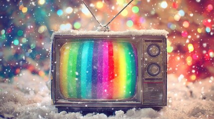 christmas festival Old TV with colorful screen and snow, set against a vibrant background.