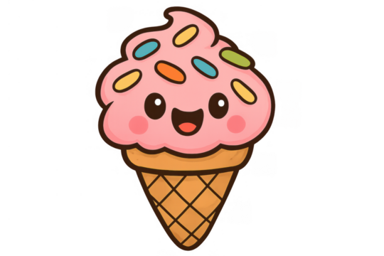 Pink strawberry ice cream cone with sprinkles smiling, depicting happiness and sweet dessert enjoyment on transparent background