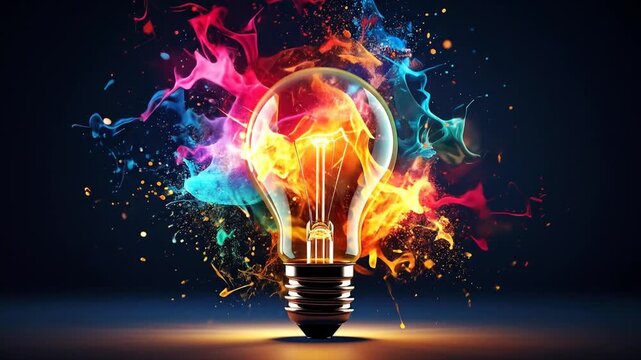 Glowing lightbulb with colorful burst of paint. Dark background with a spotlight effect on the bottom