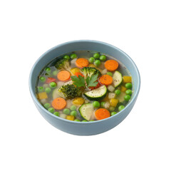 A Light Blue Bowl Filled with Vibrant Vegetable Soup Featuring Carrots Peas Broccoli Zucchini and Bell Peppers Garnished with Parsley and Black Pepper on a Transparent Background