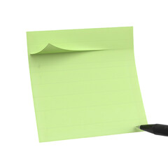 A Light Green Sticky Note With Faint Blue Lined Paper With A Black Pen Tipped On The Bottom Right Corner On A Transparent Background