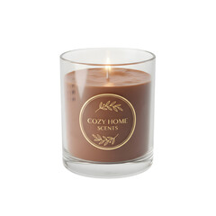 A lit brown scented candle in a clear glass jar with a gold label that says Cozy Home Scents on a black background