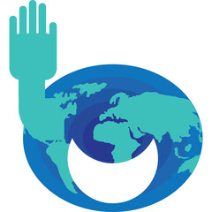 Blue Planet Earth With A Raised Hand Symbolizing Global Reach And Assistance In A Clean Design