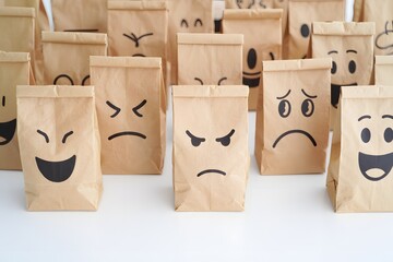 Paper bags with different emotions expressing various feelings and moods shown here