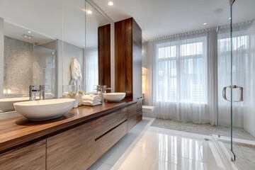 Modern luxury bathroom with double vanity vessel sinks wooden cabinetry and large window with sheer curtains