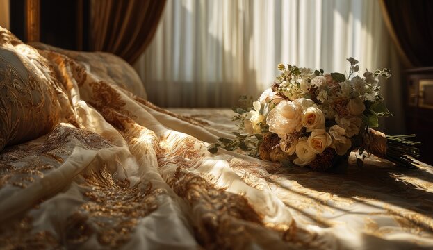 Elegant bridal bouquet on a luxurious bed.  Sunlight streams through sheer curtains