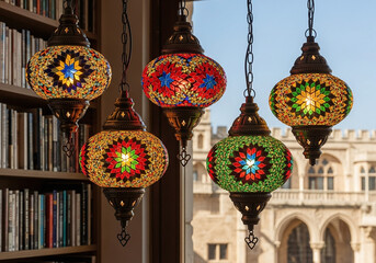Colorful mosaic turkish lamps hanging indoors with a bookshelf and castle in the background