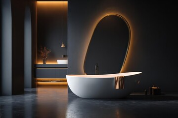 Luxurious modern bathroom with a freestanding oval bathtub illuminated by warm ambient lighting and a sleek oval mirror