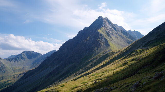 Majestic rocky mountain peak with green slopes against blue sky. scenic natural landscape inspiring awe, tranquility, and adventure