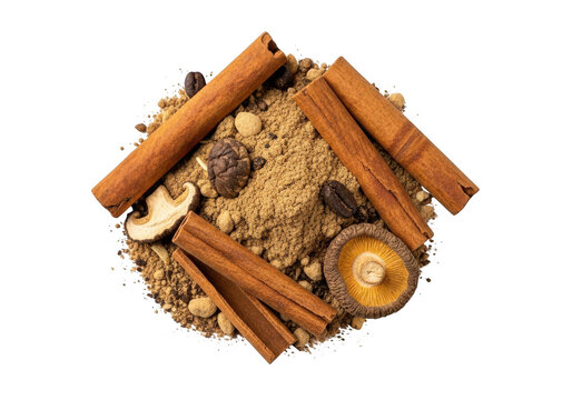 Exotic spice blend with cinnamon sticks and shiitake mushrooms creating aroma - Powered by Adobe