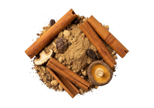 Exotic spice blend with cinnamon sticks and shiitake mushrooms creating aroma
